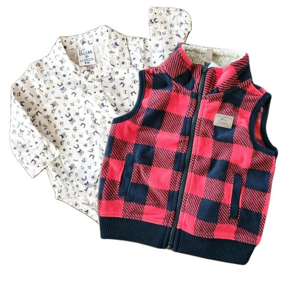 Baby 9M 2-Piece Buffalo Plaid Fleece Vest & Collared Shirt Set Christmas Winter - Picture 1 of 10